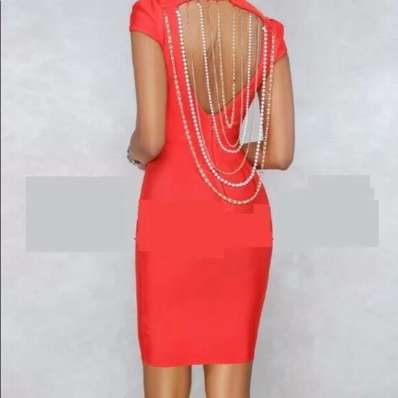 Back Pearled Red Bodycon Dress - Picture 1 of 6